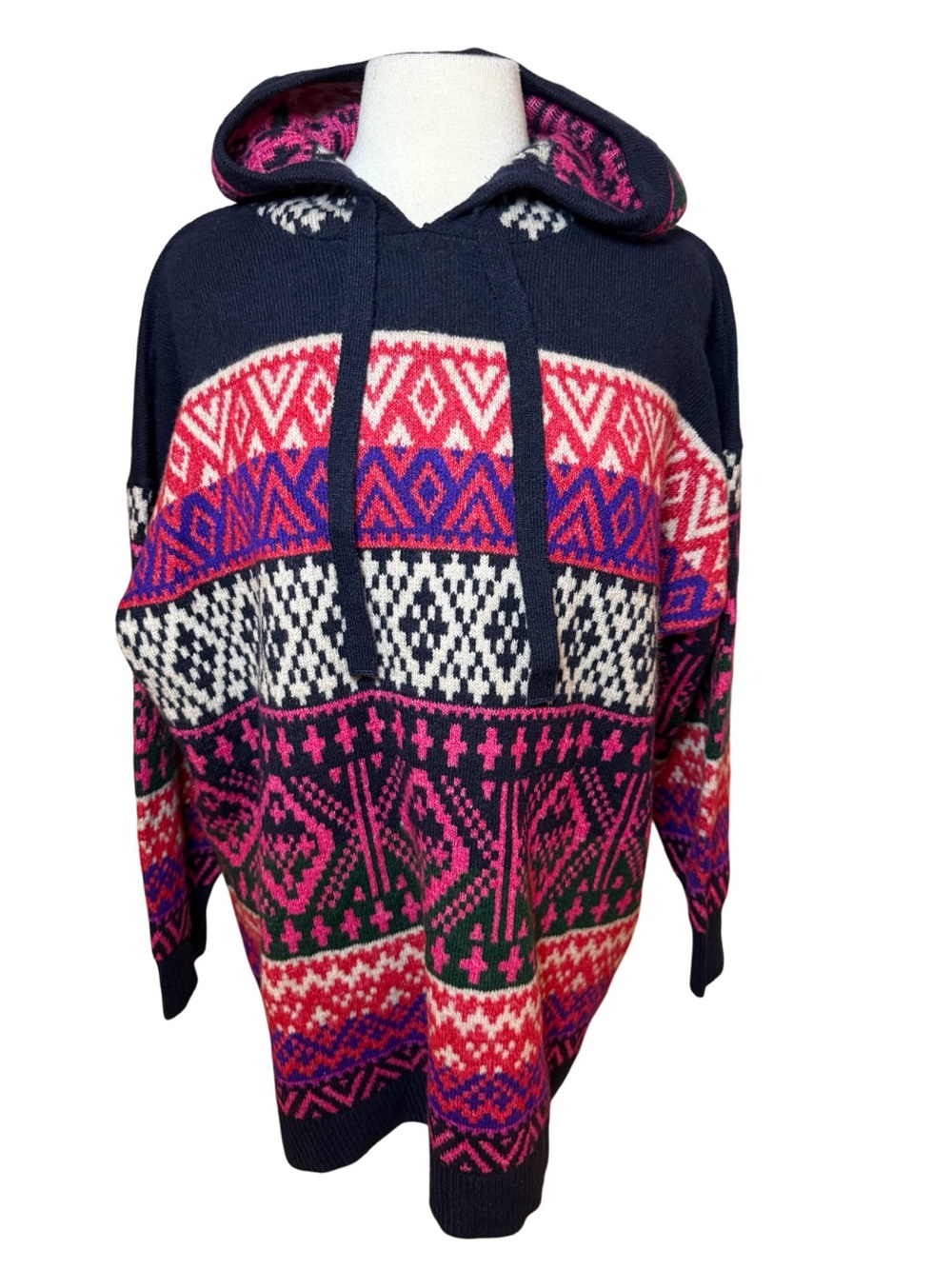 Lane Bryant Navy Hooded Fair Isle Sweater with Pink, White & Purple-Size 26/28